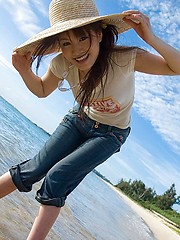 Misako Asian cutie in a denim dress shows off her legs