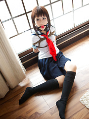 Dimdim Asian in school uniform is tied in ropes and canÂ´t scream