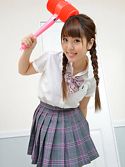 Mizuho Shiraishi Asian with uniform and pigtails plays like child